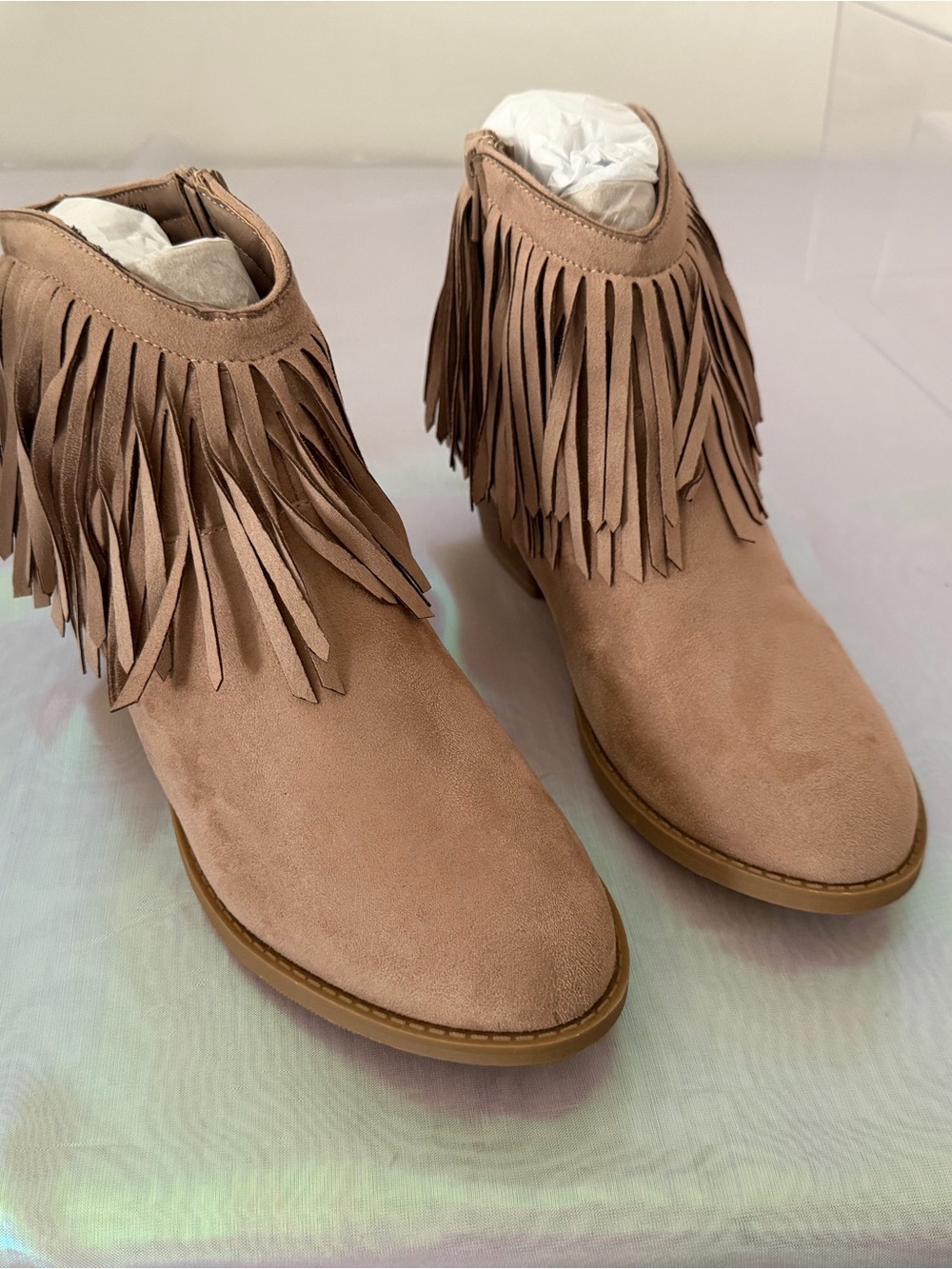Fringe Suede Ankle Booties - Blush Tan
